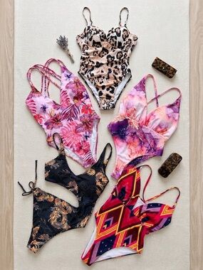 NWOT SHEIN 5pc Swimwear Bundle One Piece Monokini Dragon Floral Leopard Size S